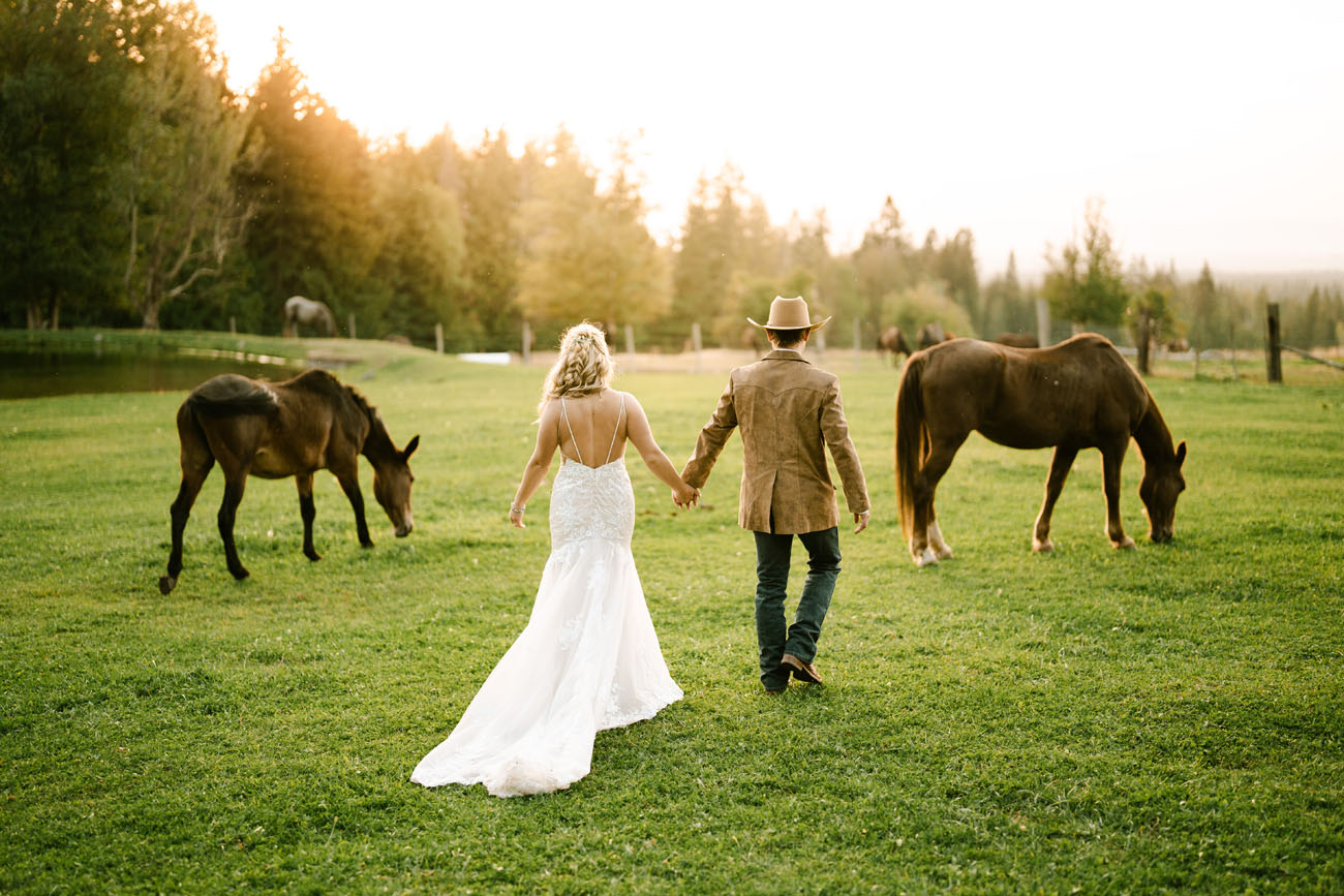 Wedding couple walking towards horses in horse pasture on a ranch in Montana